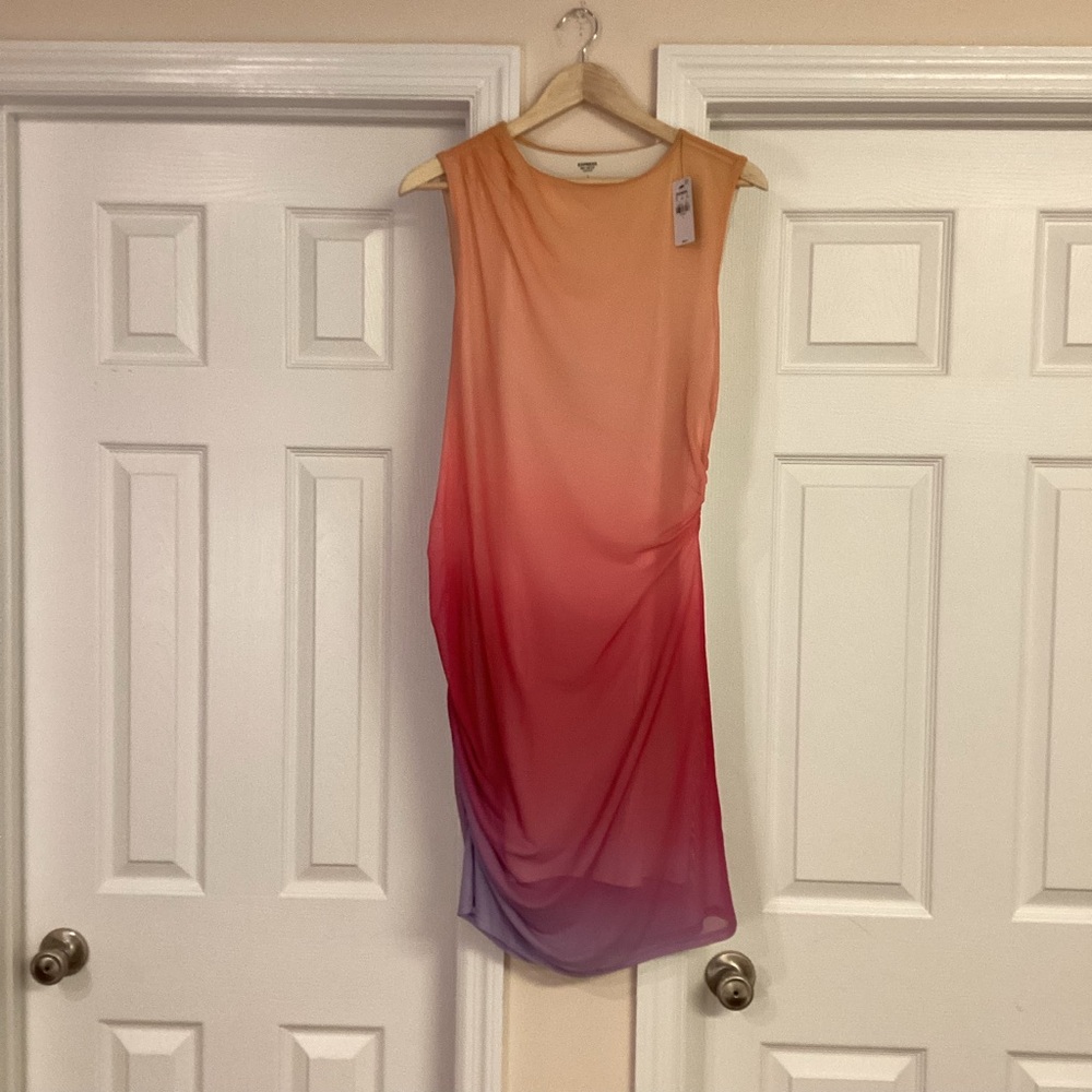 Express Ombré Mesh High Neck Sleeveless Ruched Sheath Dress - Picture 6 of 11